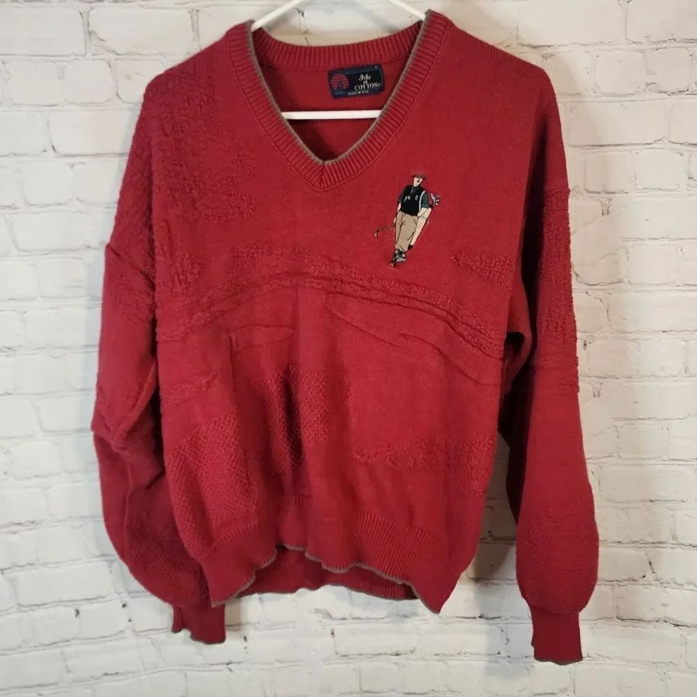 Men's Isle of Cotton Red Sweater with Embroidered Detail, size Large